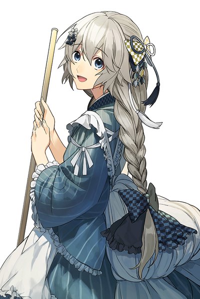 Anime picture 602x900 with original sando (310 sand) single long hair tall image looking at viewer fringe open mouth blue eyes simple background smile hair between eyes white background holding braid (braids) grey hair wide sleeves single braid striped girl