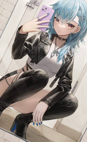 Anime picture 1544x2524 with genshin impact eula lawrence flippy (cripine111) single long hair tall image looking at viewer fringe light erotic hair between eyes brown eyes bent knee (knees) indoors nail polish aqua hair open jacket high heels dutch angle alternate costume squat