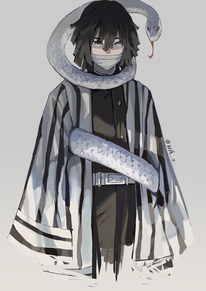 Anime picture 2004x2826 with kimetsu no yaiba ufotable iguro obanai null (skev7724) single tall image looking at viewer highres short hair black hair simple background signed traditional clothes japanese clothes grey background twitter username heterochromia striped covered mouth boy