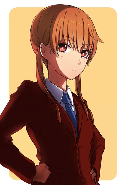 Anime picture 674x1000 with tonari no kaibutsu-kun brains base (studio) mizutani shizuku phantania single long hair tall image looking at viewer blush red eyes brown hair twintails upper body low twintails border outside border hands on hips girl uniform school uniform