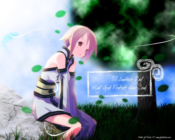 Anime picture 1280x1024 with harada takehito foolish-ishness single fringe short hair open mouth hair between eyes red eyes sitting signed purple hair outdoors inscription text english third-party edit girl plant (plants) tree (trees) leaf (leaves)