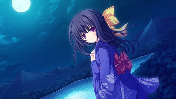 Anime picture 1920x1080 with lunaris filia minase yukari mikagami mamizu long hair highres black hair wide image purple eyes game cg japanese clothes night girl kimono moon