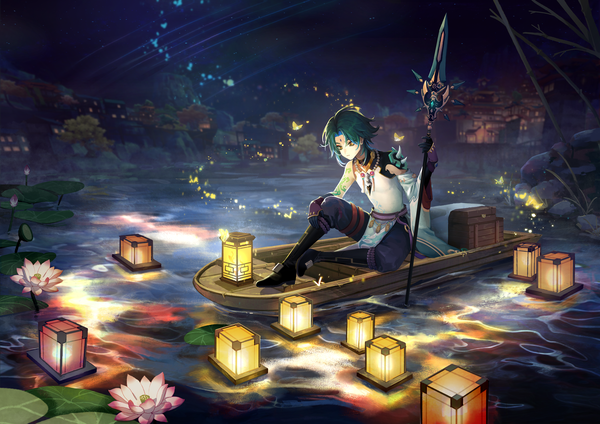 Anime picture 3508x2480 with genshin impact xiao (genshin impact) orange box single highres short hair sitting yellow eyes absurdres full body aqua hair night tattoo looking down forehead mark boy gloves flower (flowers) weapon insect