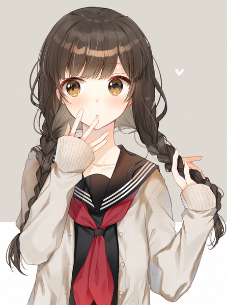 Anime picture 780x1050 with original hiiragi souren single long hair tall image blush simple background brown hair standing yellow eyes looking away upper body braid (braids) open clothes twin braids sleeves past wrists hand to mouth holding hair girl uniform