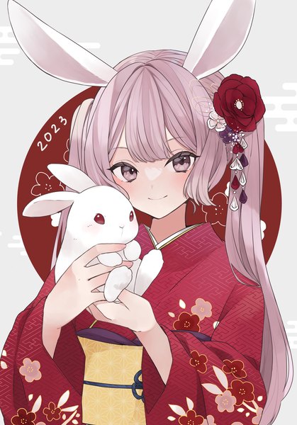 Anime picture 1668x2388 with original koro ten single long hair tall image smile twintails holding animal ears pink hair traditional clothes japanese clothes pink eyes bunny ears new year egasumi 2023 sayagata girl hair ornament