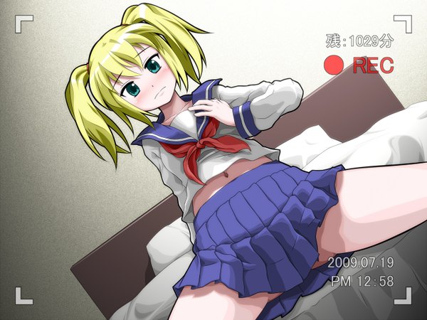 Anime picture 1400x1050 with surumeika watanabe miki blush light erotic midriff recording viewfinder uniform school uniform bed makoto (maknag)
