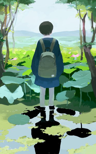 Anime picture 1005x1619 with original rakoshirako single tall image short hair standing sky full body outdoors from behind partially submerged reflection landscape dark hair girl flower (flowers) plant (plants) pantyhose tree (trees) water