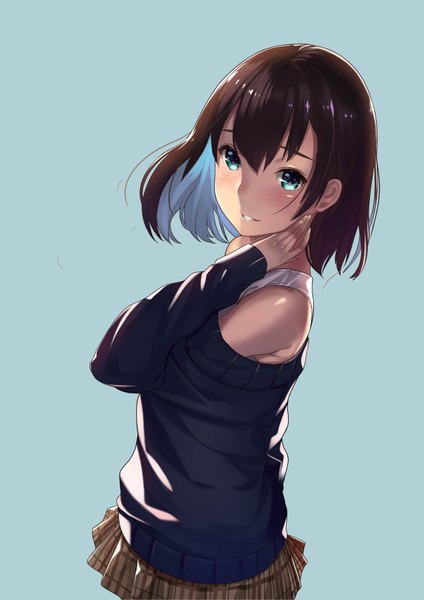 Anime picture 1240x1754 with original kagematsuri single tall image looking at viewer blush short hair blue eyes black hair simple background bare shoulders blue background girl