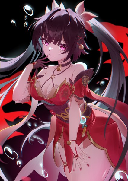 Anime picture 2026x2865 with honkai: star rail honkai (series) sparkle (honkai: star rail) naeeeegi single long hair tall image looking at viewer fringe highres breasts light erotic black hair simple background smile large breasts standing twintails bare shoulders cleavage