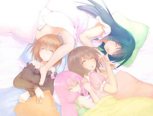 Anime picture 3404x2577 with teekyuu mappa takamiya nasuno bandou marimo oshimoto yuri shinjou kanae (teekyuu) piyo (p i y o) long hair fringe highres short hair smile hair between eyes brown hair multiple girls blue hair pink hair absurdres ahoge eyes closed