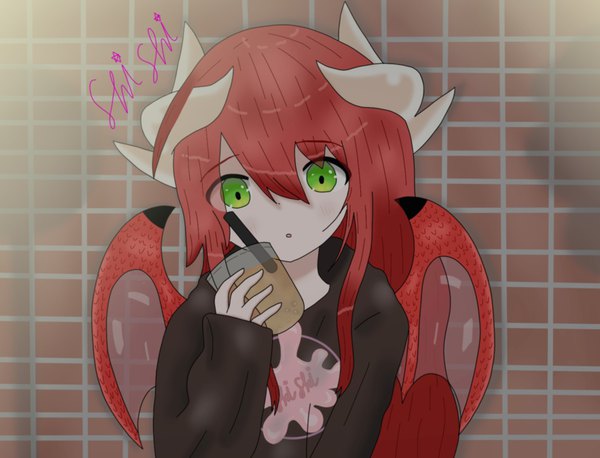 Anime picture 1495x1142 with original shishi gum single long hair looking at viewer fringe open mouth hair between eyes green eyes signed upper body red hair long sleeves arm up horn (horns) :o sleeves past wrists against wall dragon girl brick wall