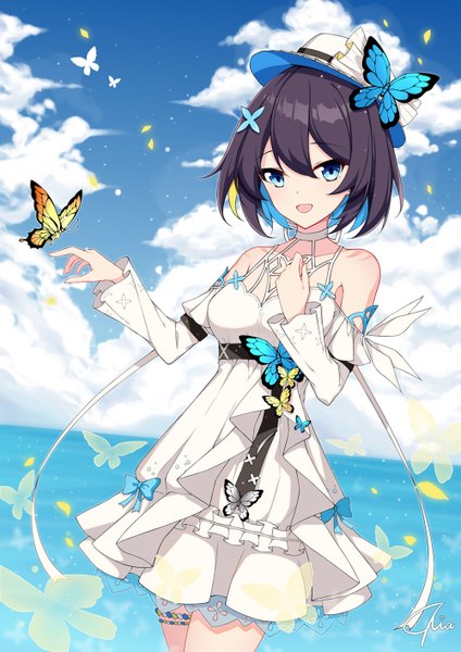 Anime picture 1000x1414 with honkai impact 3rd benghuai xueyuan honkai (series) seele vollerei poinia single tall image looking at viewer fringe short hair open mouth blue eyes black hair smile hair between eyes standing bare shoulders signed blue hair sky