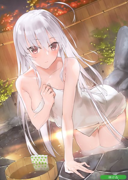 Anime-Bild 2096x2954 mit melonbooks hayashi kewi single long hair tall image looking at viewer blush fringe highres breasts light erotic hair between eyes bare shoulders brown eyes signed ahoge outdoors white hair scan arm support