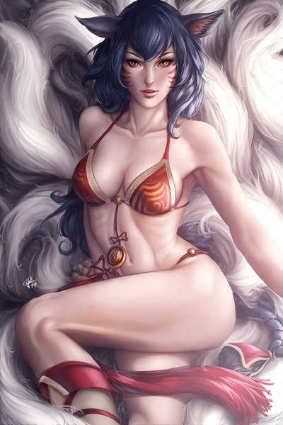 Anime picture 2000x3000 with league of legends ahri (league of legends) aiva blue (artist) single long hair tall image looking at viewer highres breasts light erotic black hair animal ears tail lips orange eyes legs fox girl multiple tails girl swimsuit