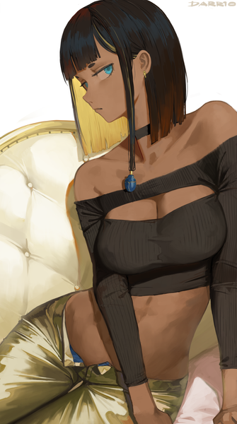 Anime picture 2293x4105 with original darr1o single tall image looking at viewer fringe highres short hair breasts light erotic black hair large breasts sitting bare shoulders signed blunt bangs profile multicolored hair aqua eyes off shoulder