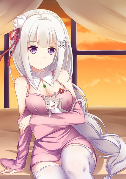 Anime picture 566x800 with re:zero kara hajimeru isekai seikatsu white fox emilia (re:zero) puck (re:zero) euforia single tall image looking at viewer fringe smile sitting purple eyes holding payot white hair braid (braids) very long hair hair flower arm support single braid