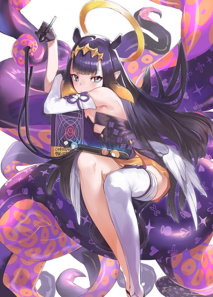 Anime picture 863x1200 with virtual youtuber hololive hololive english ninomae ina'nis ninomae ina'nis (1st costume) ao-chan (ninomae ina'nis) ohland single tall image looking at viewer fringe blue eyes light erotic black hair sitting animal ears blunt bangs very long hair pointy ears extra ears