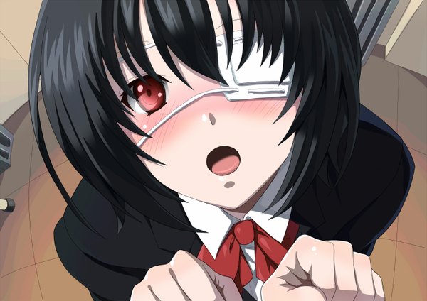 Anime picture 1517x1074 with another p.a. works misaki mei blush short hair open mouth black hair red eyes game cg girl uniform school uniform eyepatch