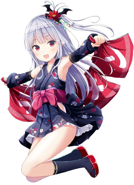 Anime picture 578x800 with original morerin single long hair tall image blush open mouth light erotic simple background smile red eyes white background silver hair bent knee (knees) traditional clothes hair flower armpit (armpits) spread arms girl flower (flowers)