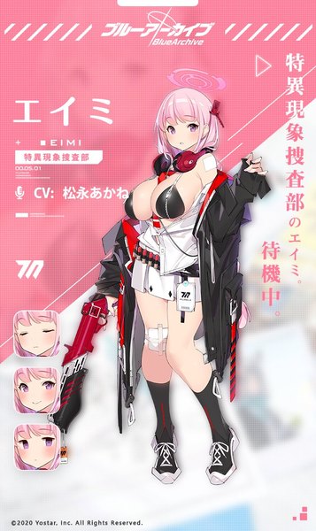 Anime-Bild 709x1191 mit blue archive eimi (blue archive) popqn single tall image looking at viewer short hair breasts light erotic large breasts standing pink hair full body pink eyes open jacket official art character names headphones around neck bandaid on leg bandaid on knee