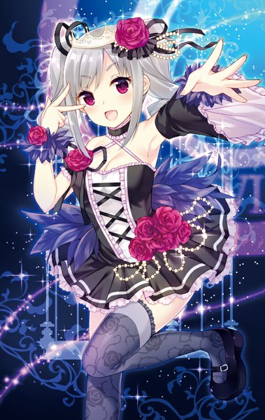 Anime picture 564x892 with idolmaster idolmaster cinderella girls kanzaki ranko bekotarou single long hair tall image looking at viewer blush fringe open mouth standing twintails silver hair bent knee (knees) long sleeves pink eyes wide sleeves sparkle outstretched arm