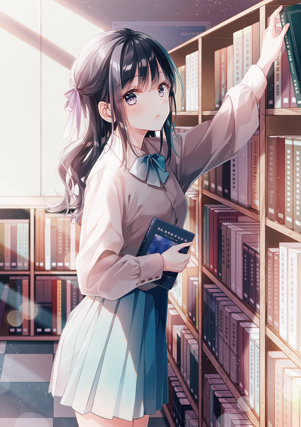 Anime-Bild 1200x1697 mit original aoi yuki single long hair tall image looking at viewer blush fringe black hair standing holding payot indoors long sleeves parted lips pleated skirt arm up sunlight grey eyes lens flare