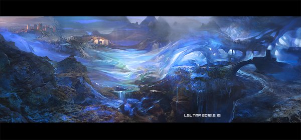 Anime picture 1500x703 with original lsltmr wide image city mountain no people landscape rock waterfall water building (buildings) house ice