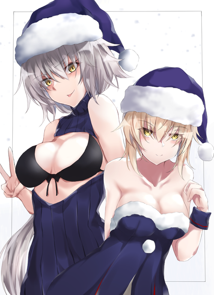 Anime picture 800x1100 with fate (series) fate/grand order artoria pendragon (all) jeanne d'arc (fate) (all) jeanne d'arc alter (fate) santa alter yuki maccha (yukimattya10) long hair tall image looking at viewer blush fringe short hair breasts light erotic simple background blonde hair smile hair between eyes large breasts