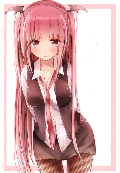 Anime picture 555x800 with touhou koakuma ukita uuko single long hair tall image looking at viewer blush fringe breasts open mouth smile twintails pink hair pink eyes leaning open shirt leaning forward hands behind back open collar