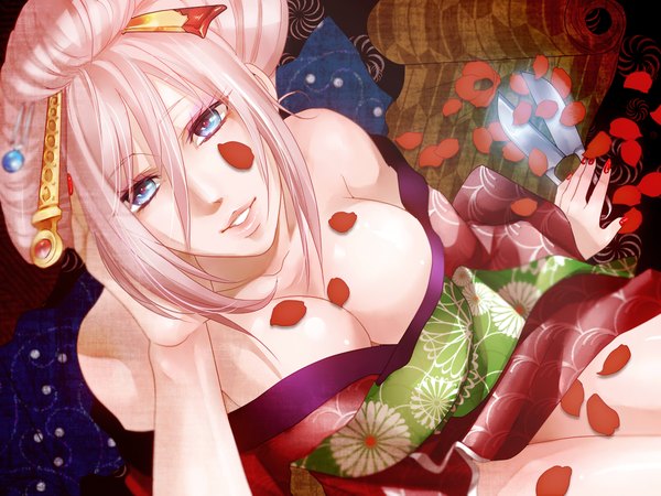 Аниме картинка 1200x900 с грудь голубые глаза лёгкая эротика розовые волосы декольте японская одежда огромная грудь крупный план девушка
