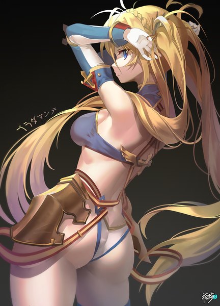 Anime picture 1080x1500 with fate (series) fate/grand order bradamante (fate/grand order) kyjsogom single long hair tall image looking at viewer fringe breasts blue eyes light erotic simple background blonde hair hair between eyes standing twintails bare shoulders signed ass