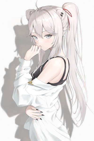 Anime picture 2327x3500 with virtual youtuber hololive shishiro botan shishiro botan (3rd costume) renge (730) single long hair tall image looking at viewer fringe highres simple background hair between eyes standing white background animal ears payot silver hair ahoge ponytail