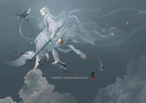 Anime picture 1169x827 with feimo long hair silver hair cloud (clouds) eyes closed barefoot inscription grey background boy ribbon (ribbons) animal bird (birds) umbrella
