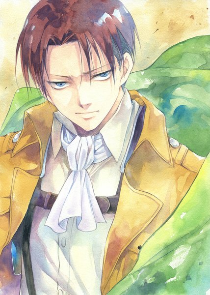 Anime picture 800x1121 with shingeki no kyojin production i.g levi (rivaille) agahari single tall image looking at viewer short hair blue eyes brown hair traditional media watercolor (medium) boy cape neckerchief