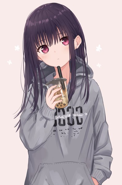Anime picture 2106x3187 with original the alley lujiaoxiang zuima single long hair tall image looking at viewer blush fringe highres black hair simple background hair between eyes red eyes standing holding upper body long sleeves head tilt hand in pocket