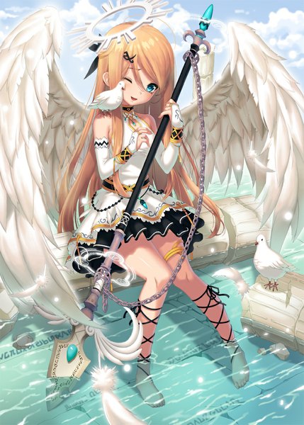 Anime picture 786x1100 with million arthur (series) kaku-san-sei million arthur original square enix s-goon single long hair tall image blonde hair smile red eyes sitting one eye closed wink girl dress weapon detached sleeves animal wings