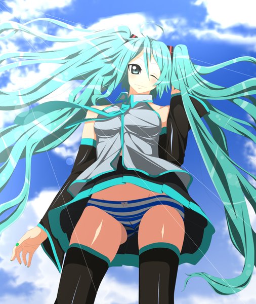 Anime picture 2755x3267 with vocaloid hatsune miku j (shining-next) single tall image highres light erotic twintails cloud (clouds) very long hair one eye closed aqua eyes wink aqua hair girl thighhighs skirt underwear panties black thighhighs