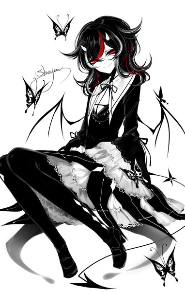Anime-Bild 2100x3300 mit touhou kijin seija sheya single long hair tall image looking at viewer highres black hair simple background smile red eyes white background sitting signed full body tail head tilt multicolored hair wide sleeves