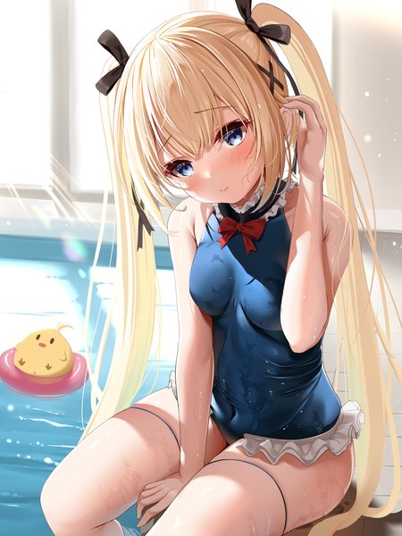 Anime picture 3360x4480 with azur lane dead or alive manjuu (azur lane) marie rose marie rose (devilish servant against the splashing waves) kokuto (kurousagi1210) single long hair tall image looking at viewer blush fringe highres breasts blue eyes light erotic blonde hair sitting twintails payot