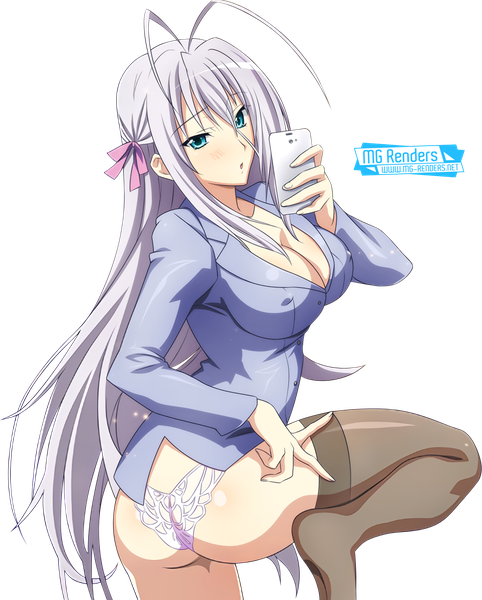 Anime picture 1207x1502 with highschool dxd rossweisse single long hair tall image blush fringe breasts blue eyes light erotic hair between eyes large breasts standing silver hair ahoge bent knee (knees) ass covered nipples standing on one leg transparent background