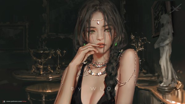 Anime picture 1992x1132 with ghost blade aeolian wlop single long hair looking at viewer highres breasts light erotic black hair wide image bare shoulders green eyes signed payot cleavage upper body indoors braid (braids) lips