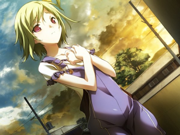 Anime picture 1024x768 with baldr (series) baldr sky baldr sky dive 2 giga wakakusa nanoha short hair red eyes game cg sky cloud (clouds) ponytail green hair side ponytail evening sunset hands clasped girl hair ornament plant (plants) tree (trees)