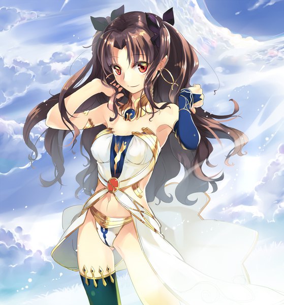 Anime picture 1000x1073 with fate (series) fate/grand order ishtar (fate) rori chuushin (artist) single long hair tall image looking at viewer light erotic smile red eyes brown hair standing sky cloud (clouds) two side up adjusting hair ass visible through thighs wavy hair girl