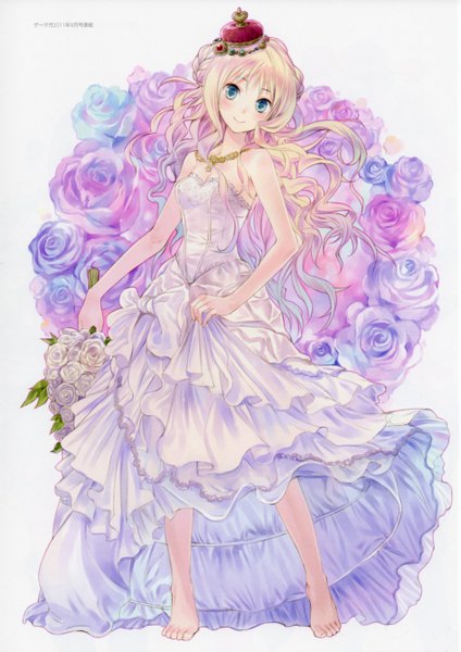 Anime picture 1890x2675 with atelier (series) atelier meruru gust (company) merurulince rede arls kishida mel long hair tall image looking at viewer highres bare shoulders barefoot light smile girl dress flower (flowers) white dress crown bouquet