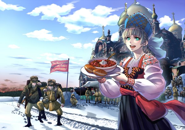 Anime picture 1800x1272 with original zawar379 long hair highres short hair open mouth blonde hair cloud (clouds) traditional clothes grey hair winter group military warrior russian girl boy food building (buildings) backpack