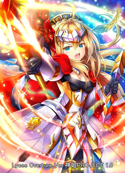 Anime-Bild 800x1107 mit kami project suishougensou single long hair tall image fringe open mouth blue eyes blonde hair hair between eyes cleavage ahoge official art outstretched arm girl weapon sword armor feather (feathers) armored dress