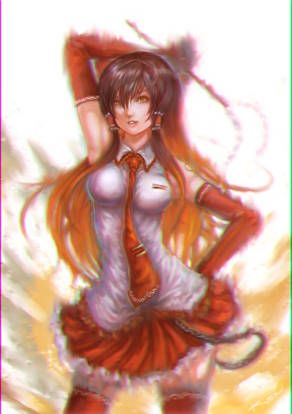 Anime picture 3508x4961 with touhou hakurei reimu kuon (kwonchanji) single long hair tall image looking at viewer highres black hair white background brown eyes absurdres realistic girl skirt bow hair bow detached sleeves necktie red skirt