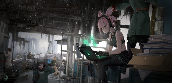 Anime picture 7000x3400 with original lu (pixiv20967832) fringe highres short hair breasts open mouth hair between eyes wide image sitting green eyes signed payot looking away pink hair absurdres outdoors sweat snowing sweatdrop