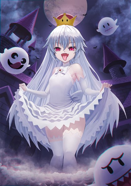 Anime picture 827x1175 with super mario bros. new super mario bros. u deluxe princess king boo boo (mario) sion (9117) single long hair tall image looking at viewer fringe light erotic hair between eyes standing bare shoulders cloud (clouds) outdoors white hair pink eyes night fang (fangs)