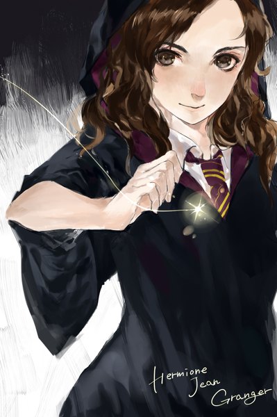 Anime picture 1173x1765 with harry potter hermione granger yamato (aoiaoiao921) single long hair tall image looking at viewer blush brown hair brown eyes inscription wavy hair girl uniform school uniform shirt necktie hood mantle